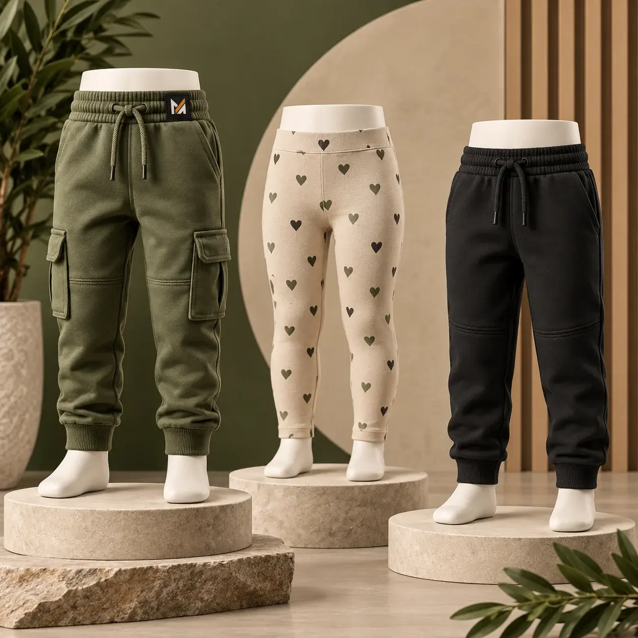 Kids pants, leggings, and joggers displayed on mannequins in olive green, cream, and black, featuring casual athletic styles and a visible Mega Apparel logo.